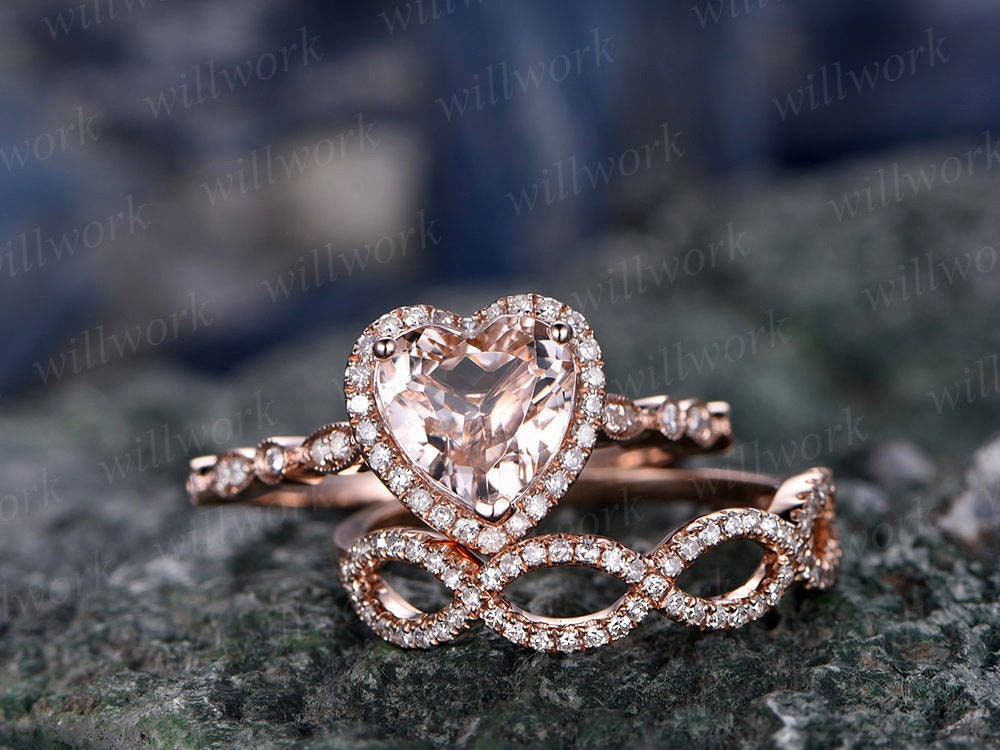 Morganite engagement ring-handmade Solid 14k Rose gold ring-Real Floral Diamond band-Heart shaped Cut gemstone promise ring-Bridal Ring set