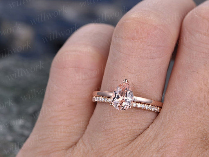Morganite engagement ring set-handmade Solid 14k Rose gold ring-Real Pave Diamond band-6x8mm Tear Dropped cut  promise ring-Bridal Ring set