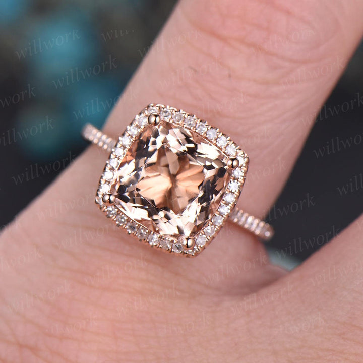 Morganite engagement ring Rose Gold -Solid 14k gold ring-Real Diamond Ring-8mm Cushion gemstone promise ring-Bridal Ring-halo diamond band