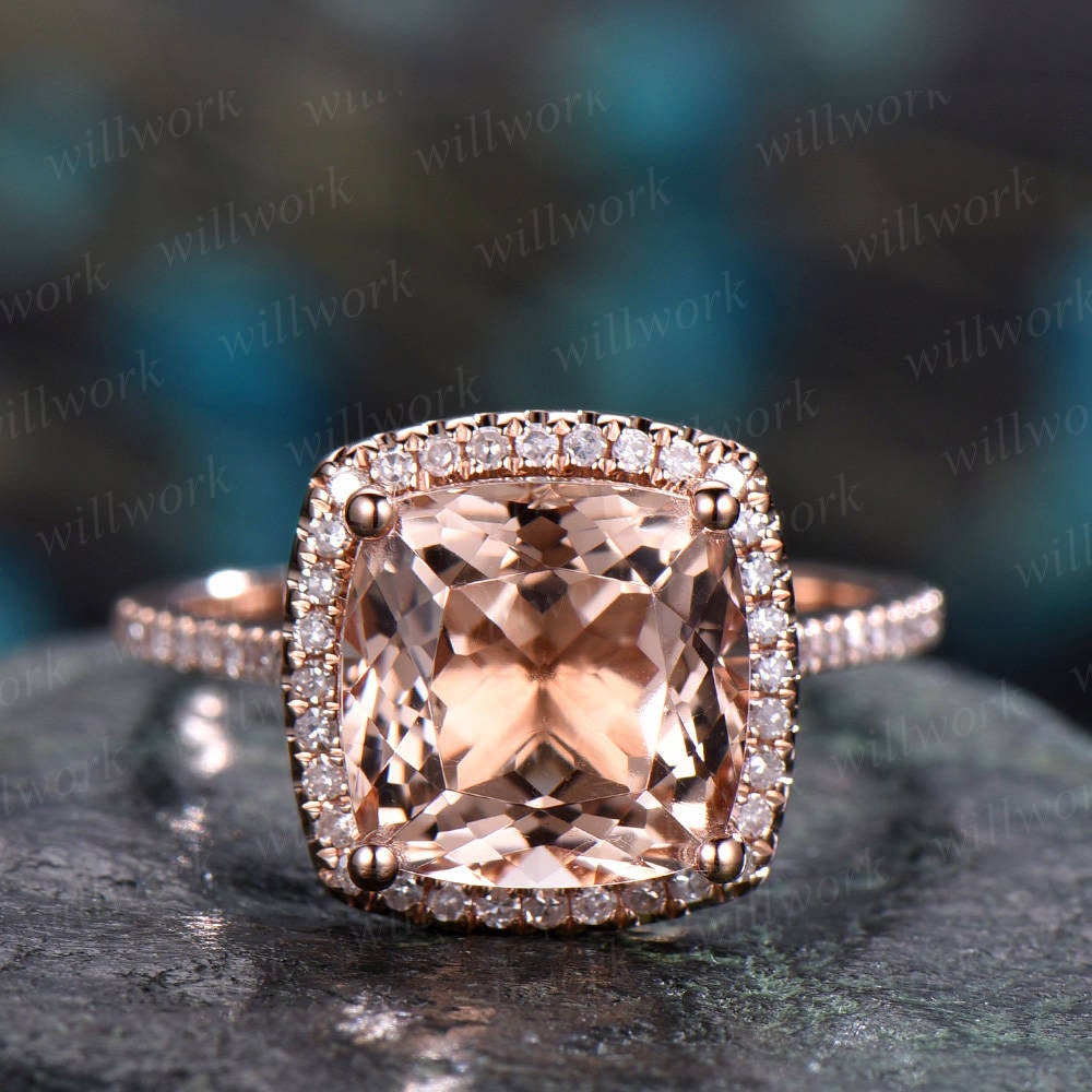 Morganite engagement ring Rose Gold -Solid 14k gold ring-Real Diamond Ring-8mm Cushion gemstone promise ring-Bridal Ring-halo diamond band
