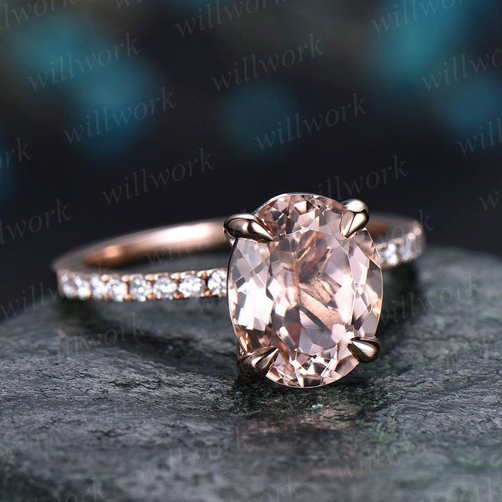 Pink morganite engagement ring solid 14k rose gold ring real diamond oval antique half eternity gift promise wedding bridal ring for her