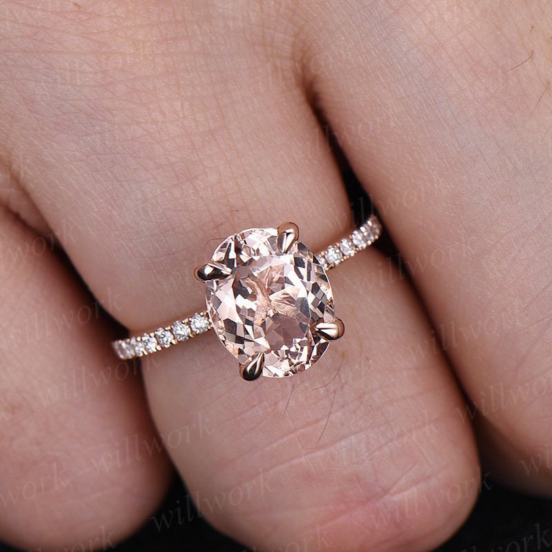 Pink morganite engagement ring solid 14k rose gold ring real diamond oval antique half eternity gift promise wedding bridal ring for her