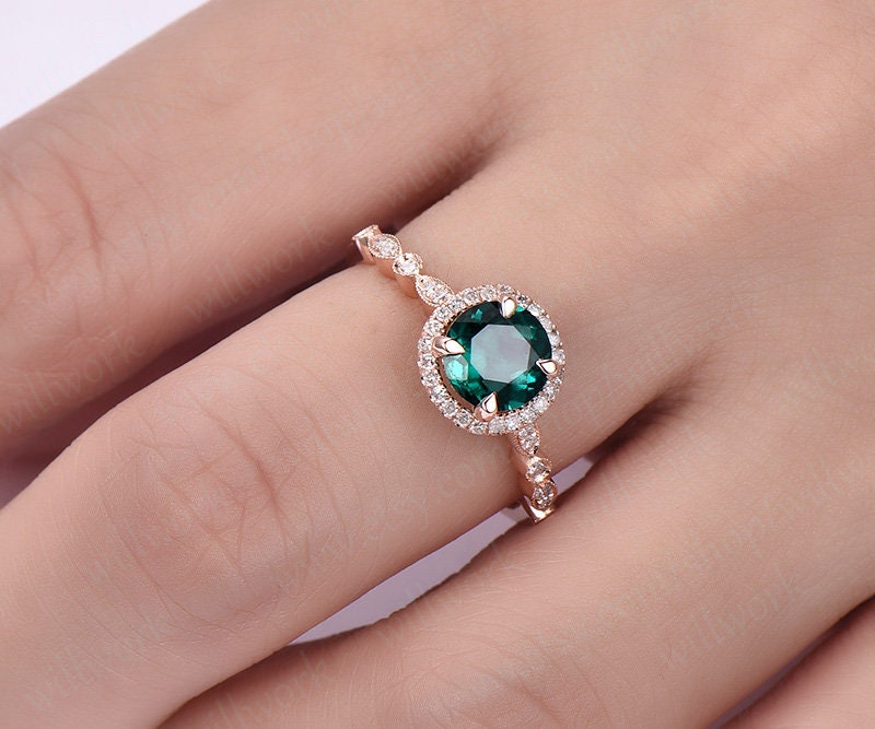 ONLY THE Emerald engagement ring emerald ring gold bridal ring-handmade Diamond Wedding ring stacking ring round cut may birthstone ring