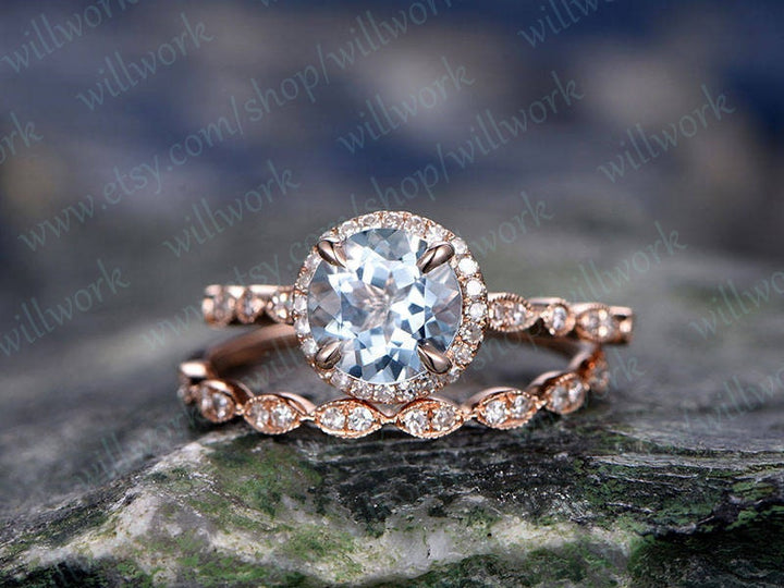 Blue aquamarine engagement ring set solid 14k rose gold handmade diamond halo wedding ring 2PC stacking ring round March birthstone ring set
