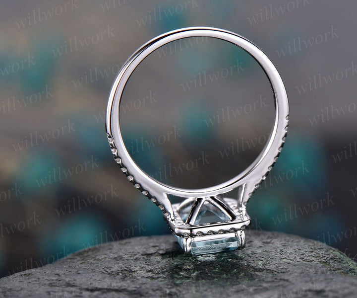 Aquamarine ring vintage unique Emerald cut aquamarine engagement ring white gold halo half eternity diamond ring for women promise ring gift