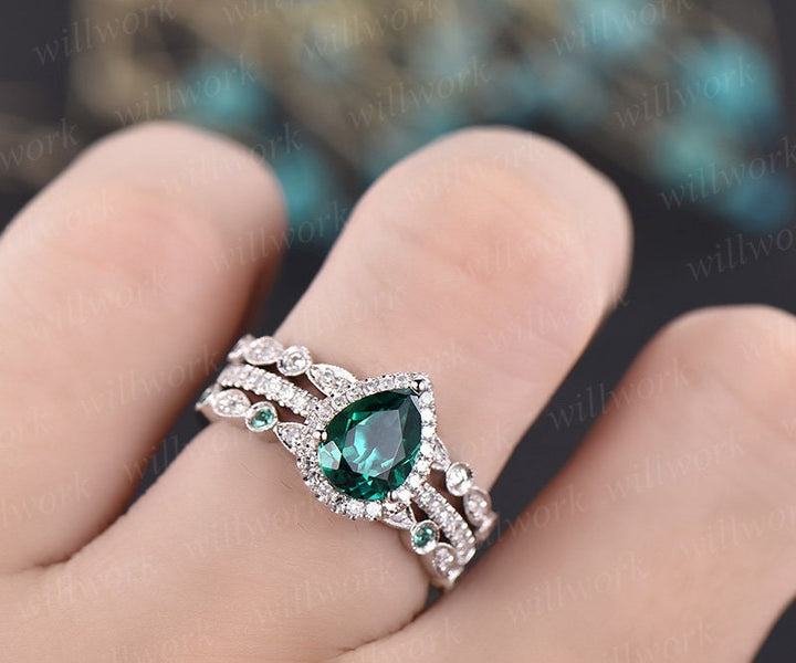 3pcs emerald engagement ring set white gold vintage natural emerald ring for women diamond halo ring unique bridal set art deco jewelry gift