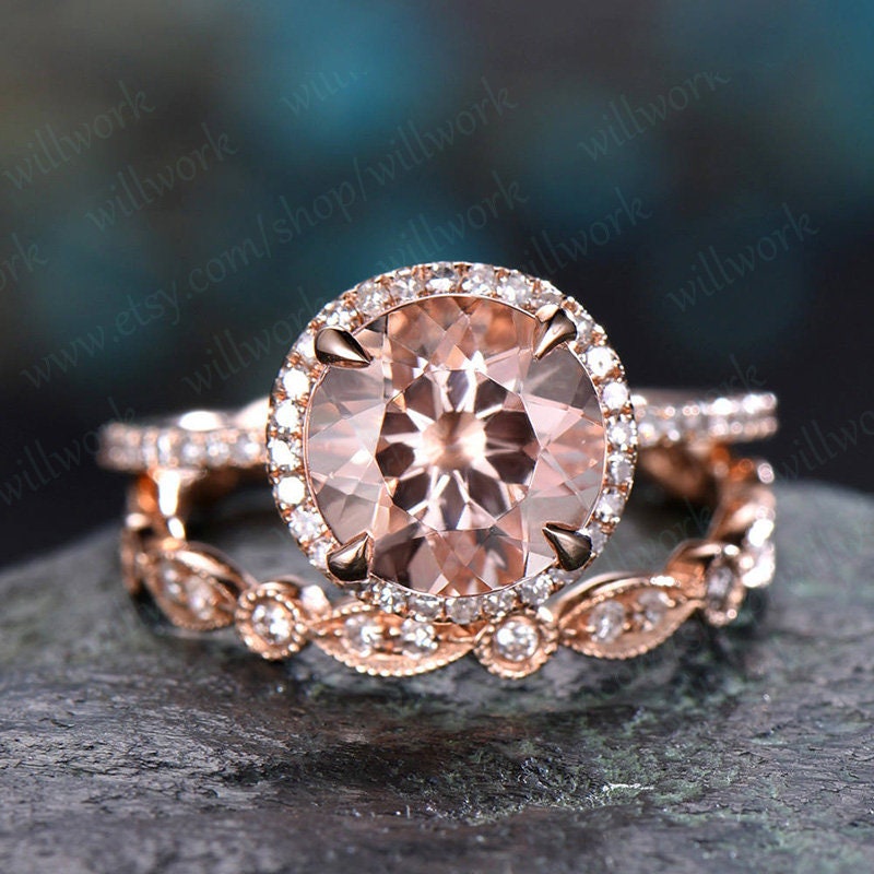 Vintage unique round cut Morganite engagement ring set solid 14k rose gold halo full eternity marquise diamond promse wedding ring set women