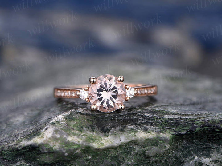Three stone pink morganite engagement ring 14k rose gold ring real diamond ring round unique half eternity gift promise wedding bridal ring