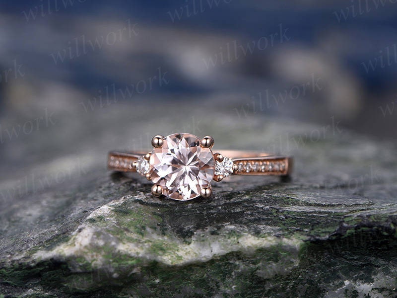 Three stone pink morganite engagement ring 14k rose gold ring real diamond ring round unique half eternity gift promise wedding bridal ring