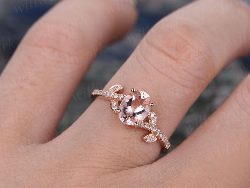 Morganite engagement ring-Solid 14k Rose gold ring-Real Diamond ring-9x7mm Oval gemstone Floral Flower promise ring-Unique band