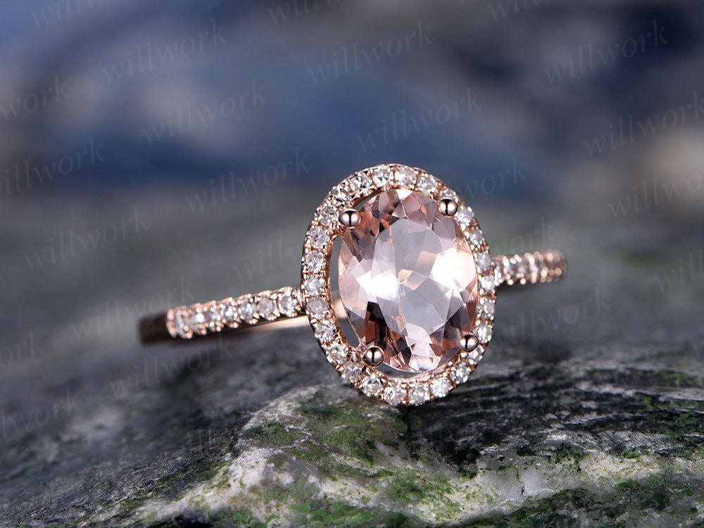 Oval morganite ring morganite engagement ring 14k rose gold real diamond halo ring antique unique half eternity promise bridal wedding ring