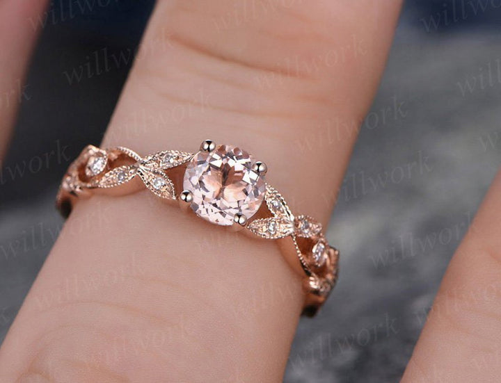 Pink morganite engagement ring-Solid 14k Rose gold-handmade full eternity diamond ring-5mm Round cut gemstone promise ring-Art Deco ring