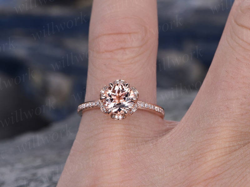 7mm morganite engagement ring solid 14k rose gold ring Real diamond halo ring art deco unique antique floral bridal wedding promise ring