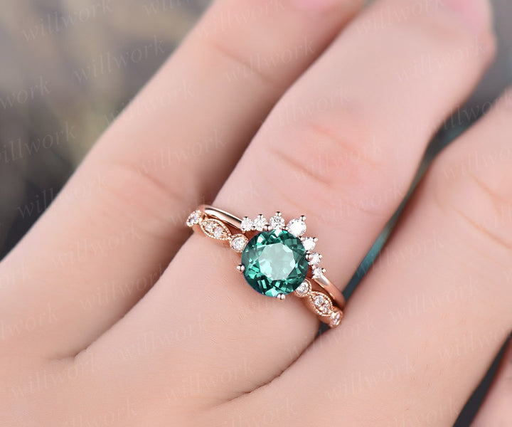 Emerald engagement ring set rose gold emerald ring vintage marquise diamond ring crown 2pc matching stacking wedding promise bridal ring set