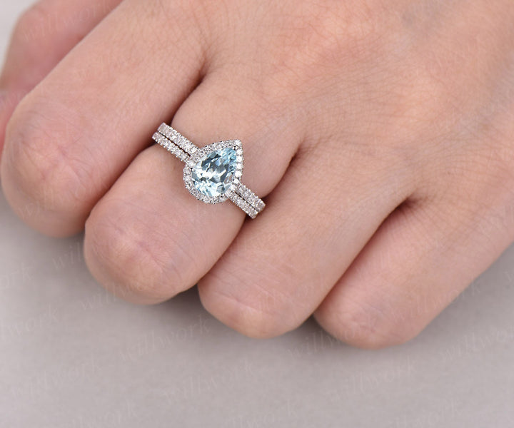 Pear cut aquamarine engagement ring set 14k white gold 2pc diamond halo ring matching antique jewelry gift wedding bridal promise ring set