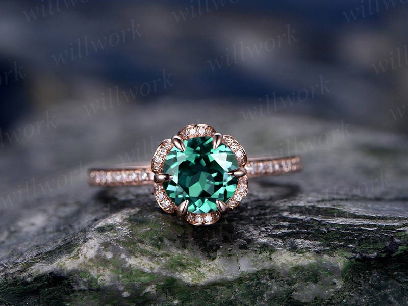 7mm emerald ring vintage emerald engagement ring 14k rose gold ring real diamond halo ring unique antique floral bridal wedding promise ring
