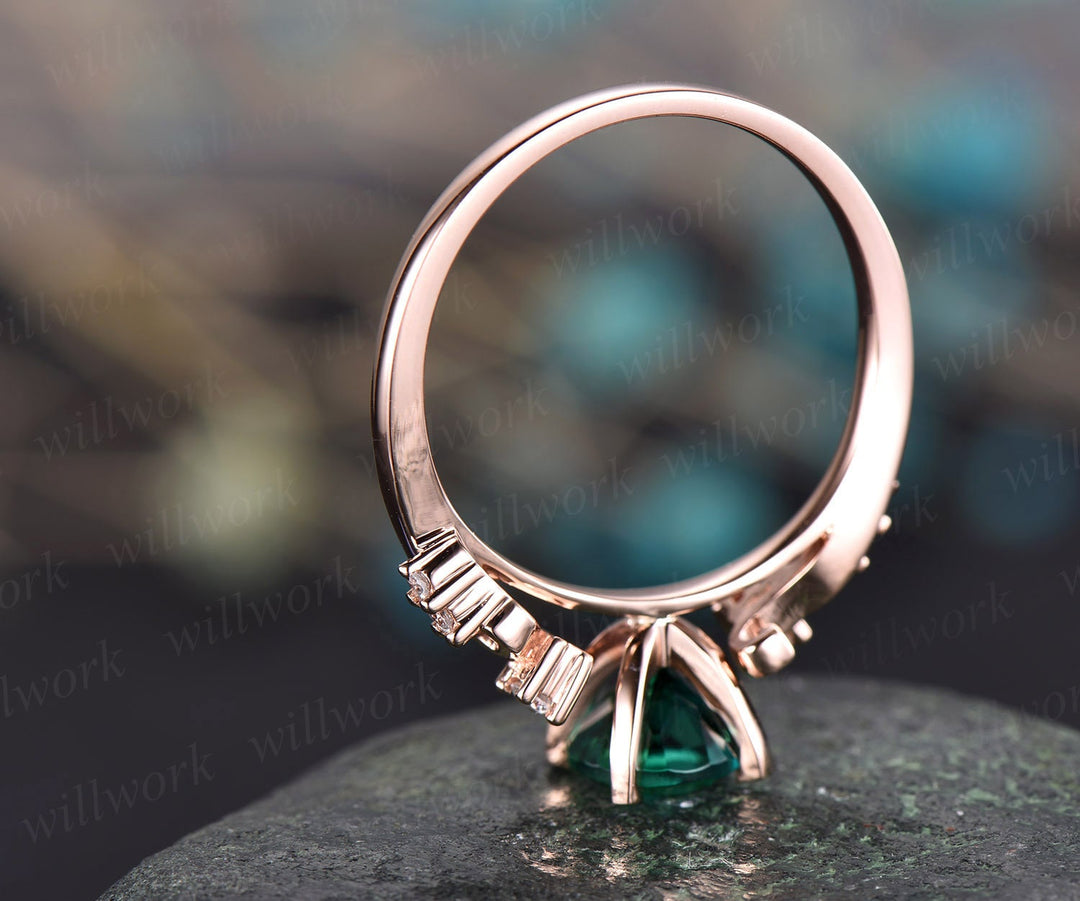 Emerald ring vintage emerald engagement ring 14k rose gold real diamond ring gift unique antique wedding promise anniversary ring for her