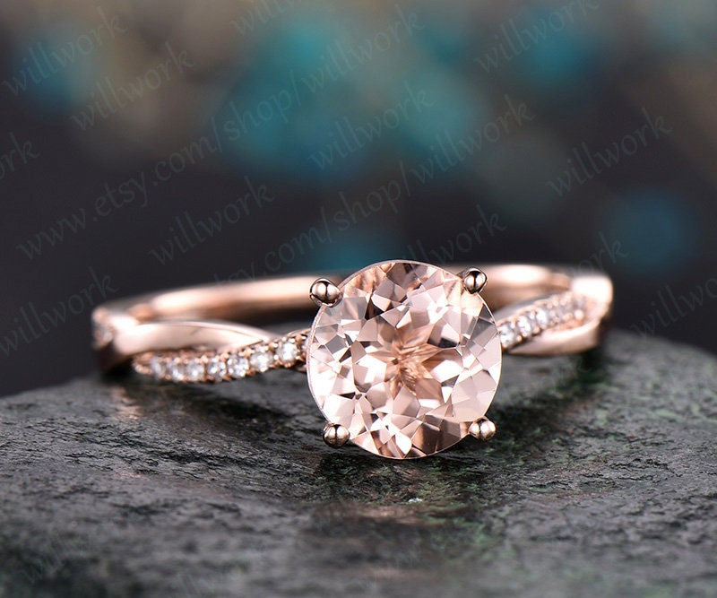 Round morganite engagement ring solid 14k rose gold wedding ring twisted real diamond ring unique bridal gift art deco promise ring for her