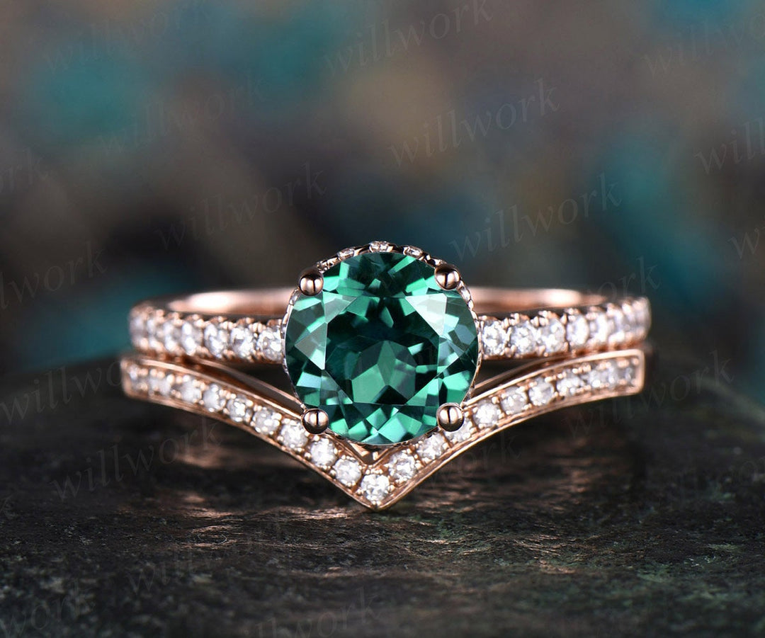 2pcs green emerald ring emerald engagement ring set rose gold vintage under moissanite halo May birthstone 2pcs wedding promise brdial ring