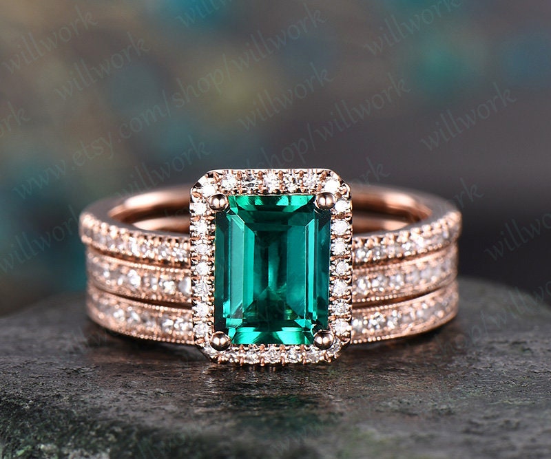 3pcs diamond halo ring emerald cut emerald engagement ring set rose gold May birthstone stacking vintage unique bridal wedding ring set gift