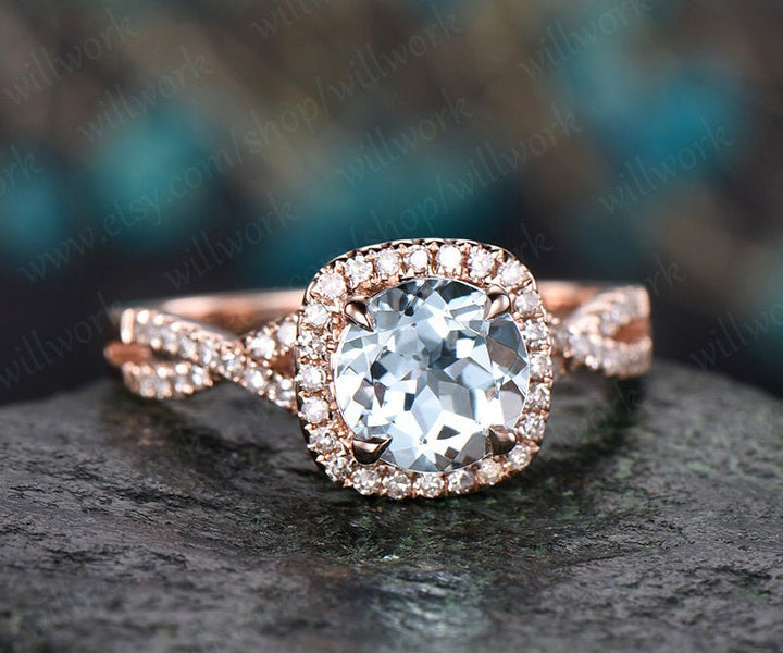 Round cut aquamarine engagement ring rose gold halo diamond wedding ring infinity twisted unique promise anniversary March birthstone ring