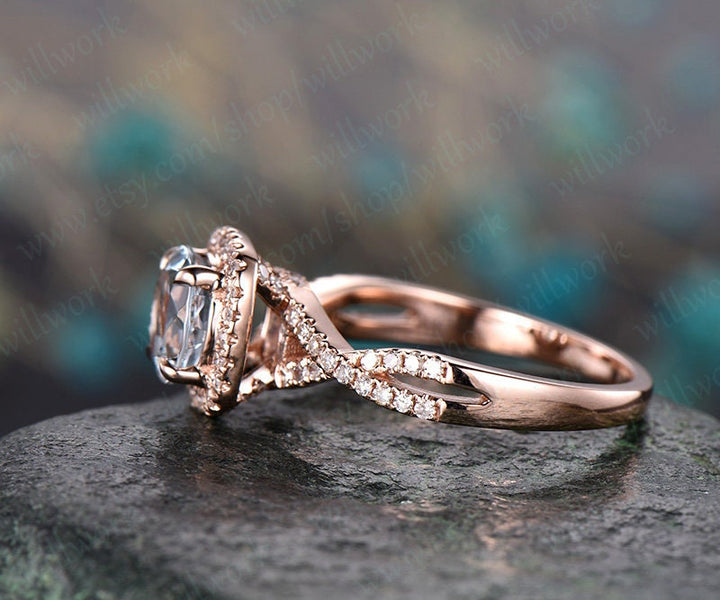 Round cut aquamarine engagement ring rose gold halo diamond wedding ring infinity twisted unique promise anniversary March birthstone ring