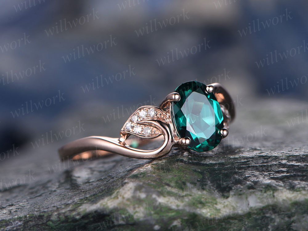Oval green emerald engagement ring 14k rose gold handmade May birthstone diamond ring unique floral design gift wedding bridal antique ring