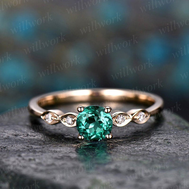 5mm green emerald engagement ring yellow gold tiny marquise diamond wedding ring band May birthstone ring emerald promise ring art deco ring