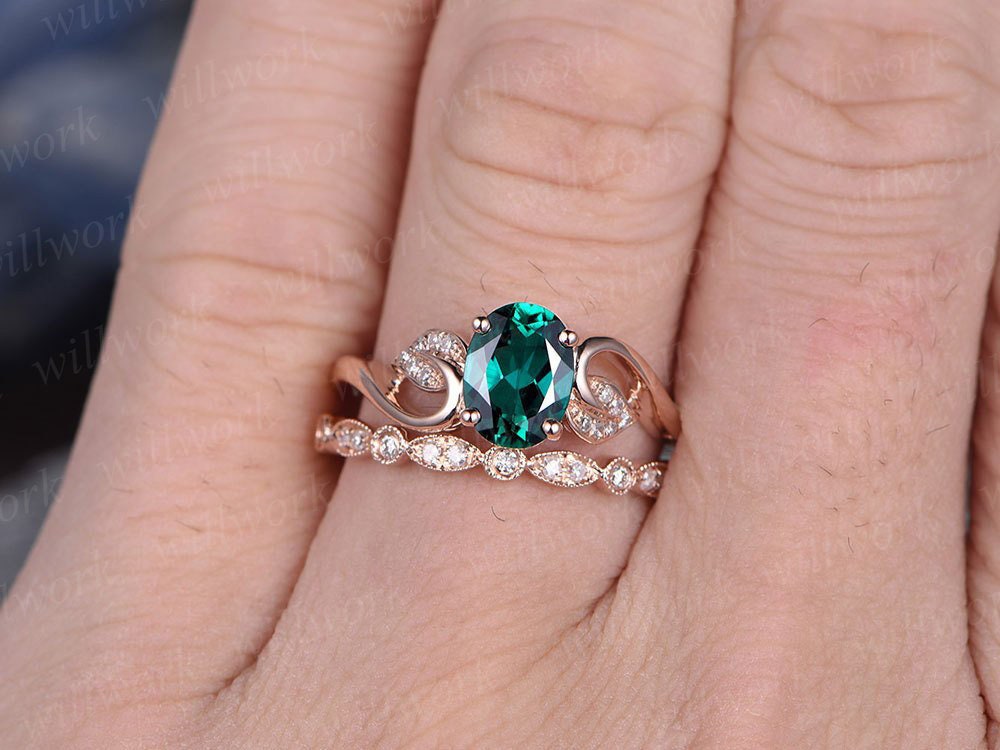 Emerald engagement ring set rose gold emerald ring vintage diamond ring 2pcs floral wedding bridal set May birthstone unique promise ring