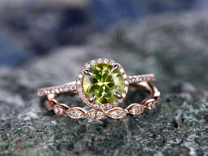 Green peridot engagement ring rose gold handmade diamond halo bridal ring stacking matching 2pc round marquise antique wedding promise ring