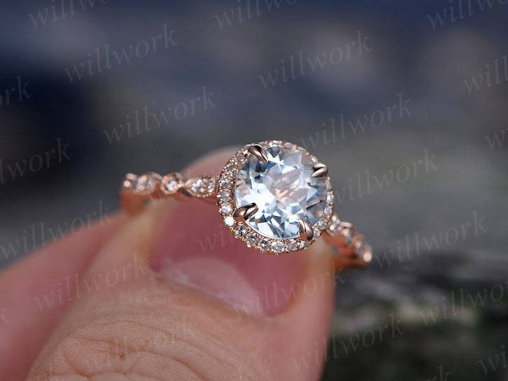 Blue aquamarine engagement ring solid 14k rose gold handmade diamond halo ring round art deco antique unique wedding bridal promise ring