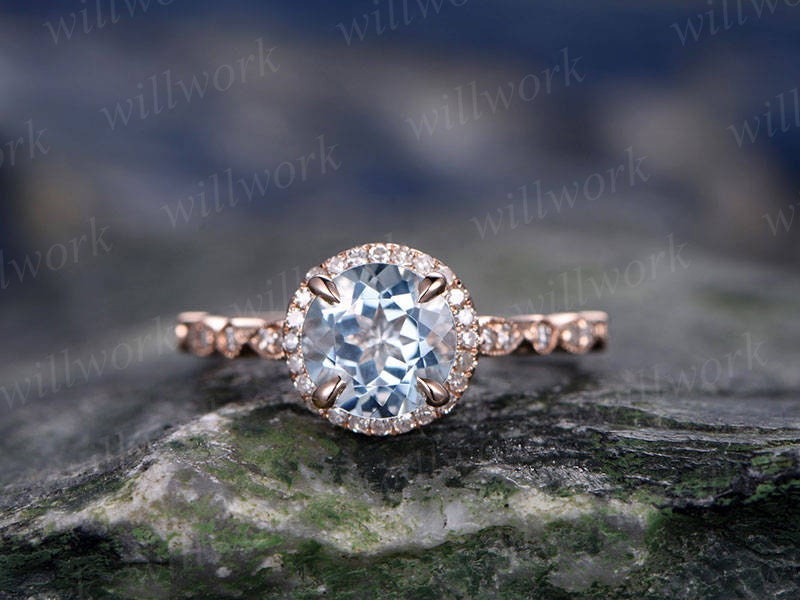 Blue aquamarine engagement ring solid 14k rose gold handmade diamond halo ring round art deco antique unique wedding bridal promise ring