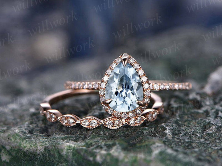 Aquamarine engagement ring set solid 14k rose gold handmade diamond halo ring 2pcs bridal set pear jewelry marquise promise wedding ring