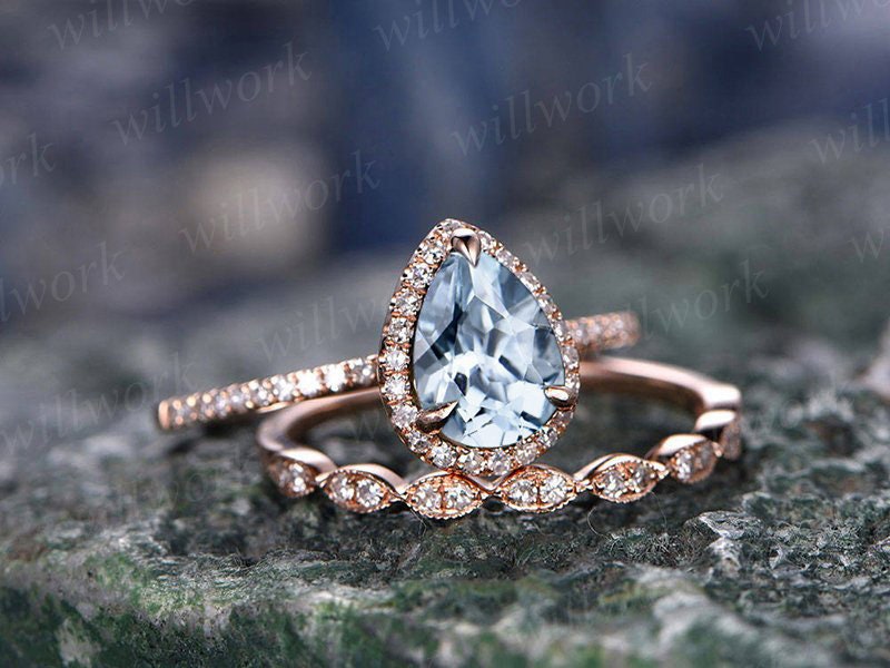 Pear shaped aquamarine engagement ring set rose gold alternative vintage unique engagement ring halo diamond bridal wedding ring set women