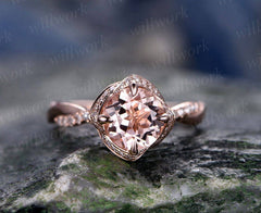 Morganite engagement ring solid 14k rose gold ring unique under halo diamond ring art deco twisted antique flower weddig bridal promise ring
