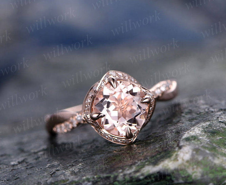 Morganite engagement ring solid 14k rose gold ring unique under halo diamond ring art deco twisted antique flower weddig bridal promise ring