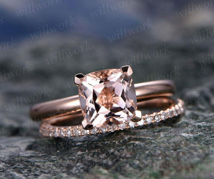 Morganite engagement ring set solid 14k rose gold ring real diamond ring cushion unique antique wedding anniversary bridal promise ring set