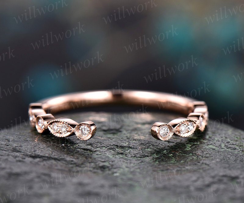 ONLY the diamond wedding band-handmade 14k Rose gold ring-Real Diamond Stacking band-Half eternity open art deco ring-Migrain