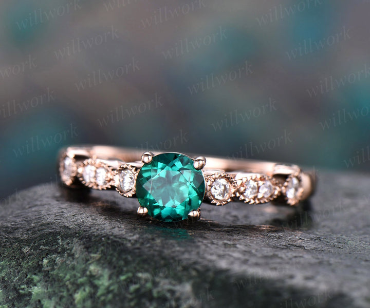 Rose gold ring 5mm green emerald ring vintage emerald engagement ring 14k rose gold diamond ring unique design antique may birthstone ring