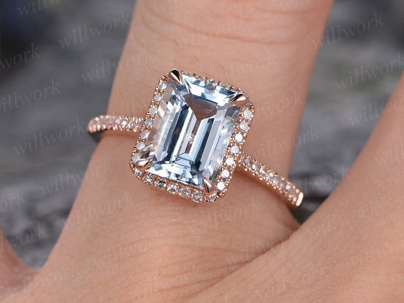 Emerald cut aquamarine engagement ring solid 14k rose gold custom half eternity diamond ring 6x8mm gemstone promise ring for her Antique