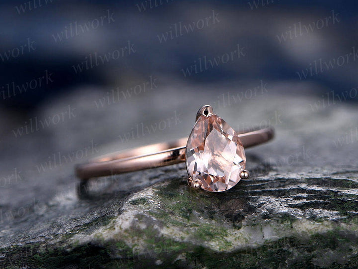 Natural pink morganite engagement ring solitaire pear morganite ring solid 14k rose gold ring women promise bridal wedding ring jewelry gift