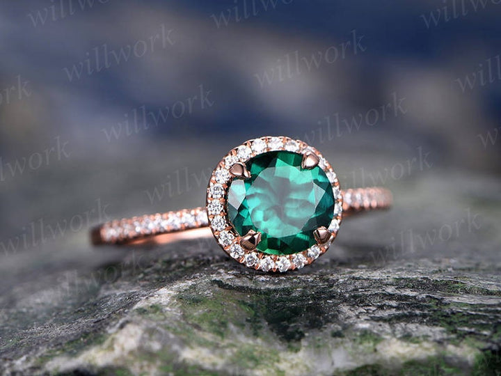 Green emerald engagement ring 14k rose gold handmade diamond ring unique vintage gift halo anniversary wedding bridal promise ring for her