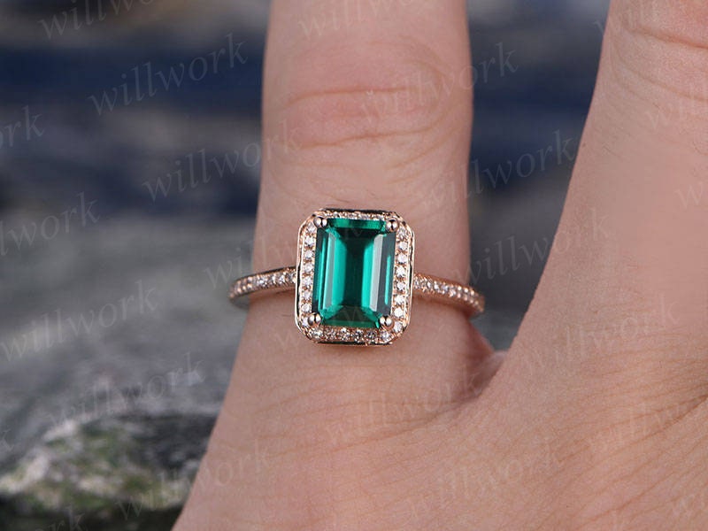 Green emerald engagement ring rose gold diamond halo ring emerald ring vintage antique art deco Lab wedding bridal promise ring for her