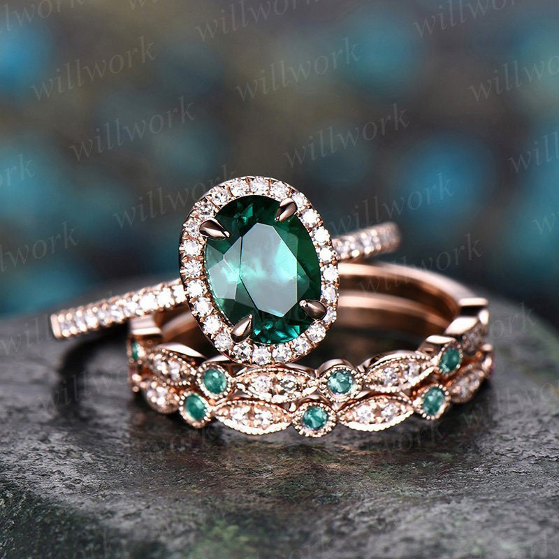 Buy Green Emerald Ring Vintage Emerald Engagement Ring Yellow Gold Diamond  Halo Ring May Birthstone Infinity Unique Jewelry Wedding Bridal Ring Online  in India - Etsy