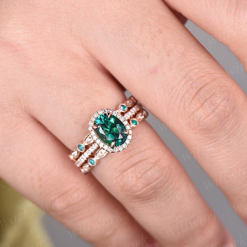 Emerald ring vintage unique oval emerald engagement ring set rose gold halo diamond ring for women marquise milgrain wedding ring set band