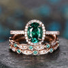 Emerald ring vintage unique oval emerald engagement ring set rose gold halo diamond ring for women marquise milgrain wedding ring set band