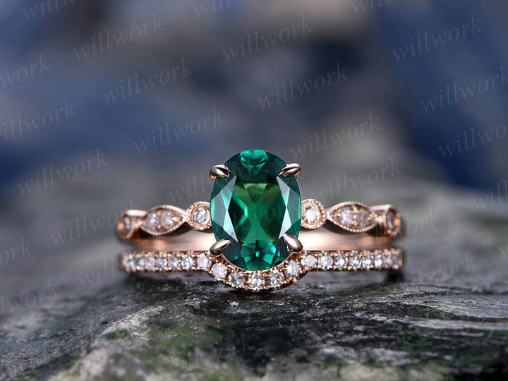 Emerald engagement ring set solid 14k rose gold diamond ring 2pcs oval matching antique marquise wedding bridal promise ring set for her