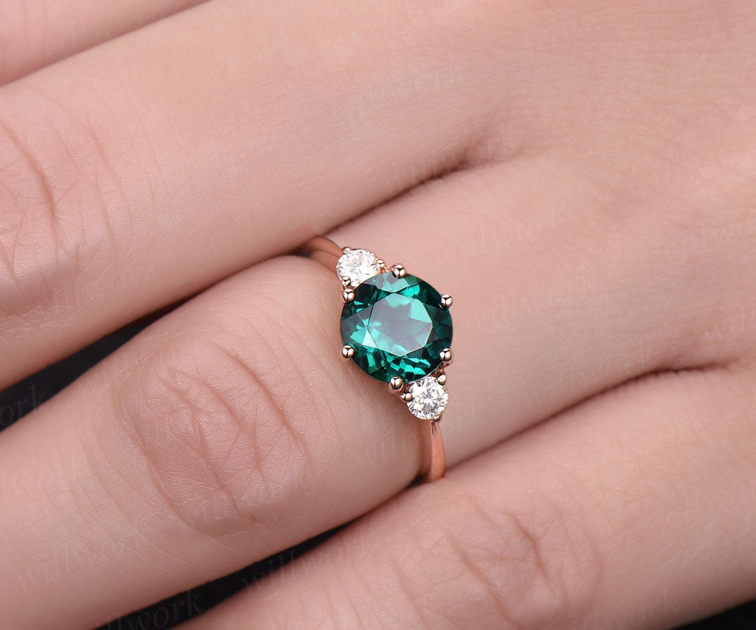 Green emerald ring vintage moissanite engagement ring three stone emerald engagement ring 14k 18k rose gold anniversary wedding bridal ring