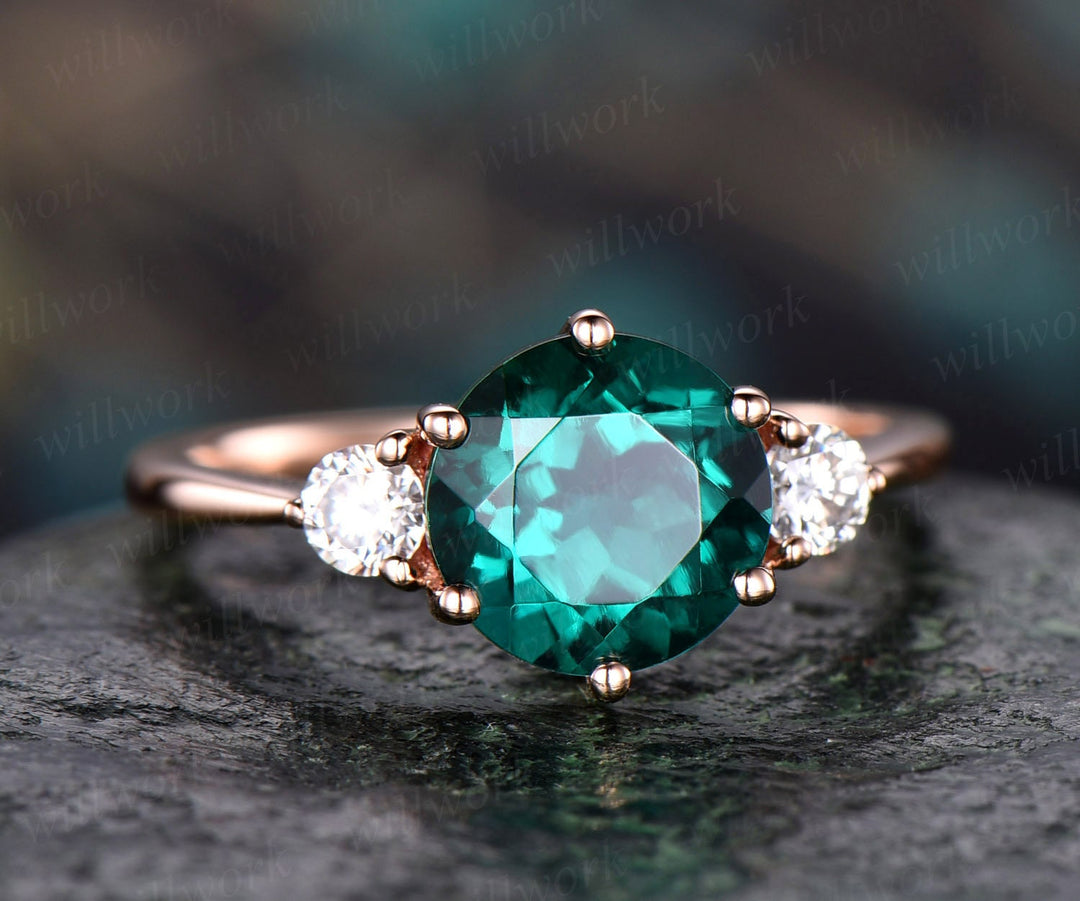 Green emerald ring vintage moissanite engagement ring three stone emerald engagement ring 14k 18k rose gold anniversary wedding bridal ring