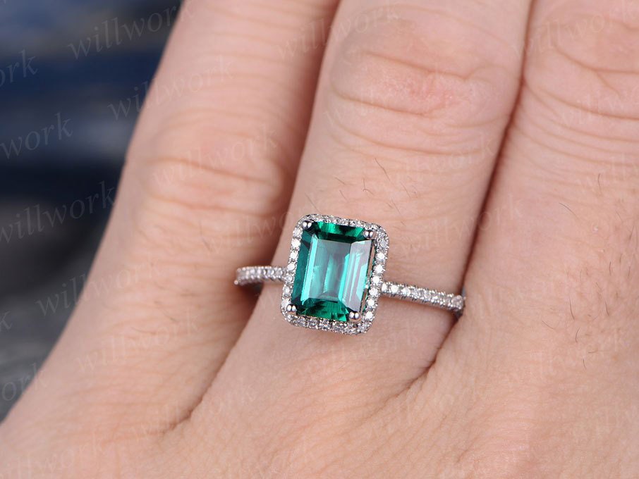 Green emerald engagement ring 14k white gold diamond halo stacking lab emerald vintage gift promise wedding bridal anniversary ring for her